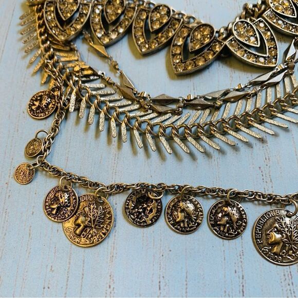 Gold Mutistrand Chain and Coin Charm Statement Necklace - Picture 3 of 4